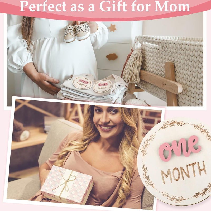 AuraRay 7 Pcs Months Baby Milestone Signs, 3D Pink Baby Monthly Milestone Cards Milestone Wooden Circles for Newborn Boy Girl 1-12 Months Baby Milestone Pictures (Double Sided) - Image 5